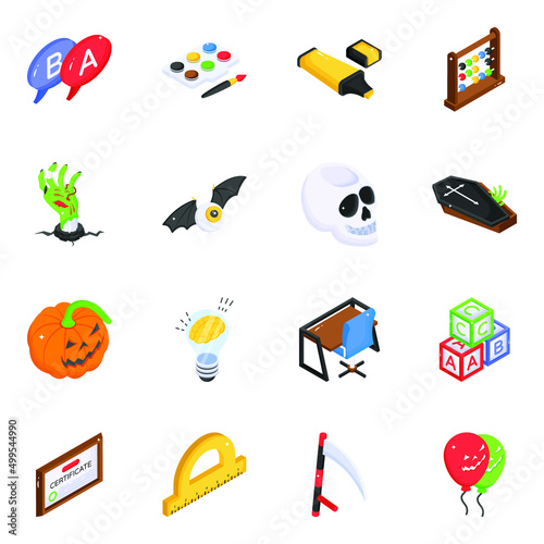Halloween and School Accessories Isometric Icons 