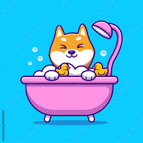 Cute Shiba Inu Bathing Shower In Bathtub Cartoon Vector Icon Illustration. Animal Love Icon Concept Isolated Premium Vector. Flat Cartoon Style