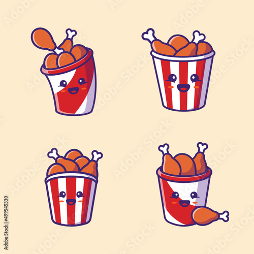 Cute Bucket Fried Chicken Collection Cartoon Vector Icon Illustration. Fast Food Icon Concept Isolated Premium Vector. Flat Cartoon Style