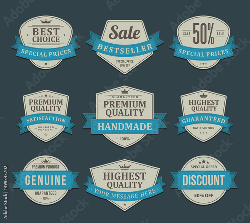 Vintage premium product label with ribbon and place for text set vector illustration. Collection retro badge marketing certificate security quality guarantee exclusive premium design crown and laurel