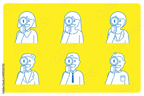 拡大鏡で覗くいろいろな人2　男性　女性　線画