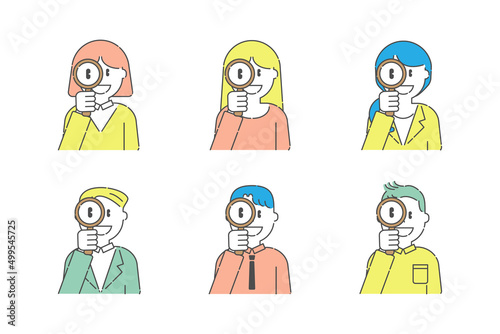 拡大鏡で覗くいろいろな人4　男性　女性　カラー