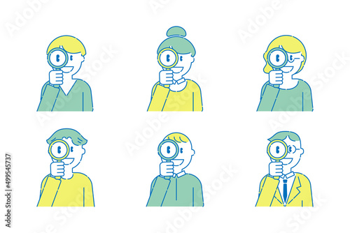 拡大鏡で覗くいろいろな人5　男性　女性　ポップ