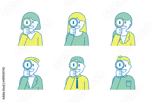 拡大鏡で覗くいろいろな人6　男性　女性　ポップ