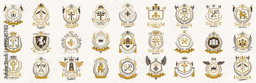 Heraldic Coat of Arms vector big set, vintage antique heraldic badges and awards collection, symbols in classic style design elements, family or business logos.