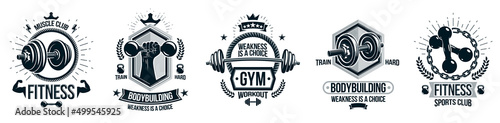 Gym fitness sport emblems and logos vector set isolated with barbells dumbbells kettlebells and muscle body man silhouettes and hands, athletics workout sport club, active lifestyle.