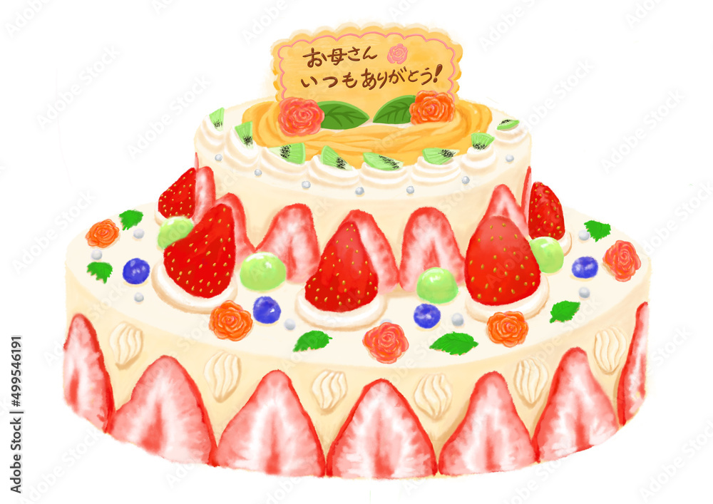 二段式 生クリーム苺と薔薇が乗った母の日ケーキ Stock Illustration Adobe Stock