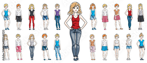 Casual wear clothes cute and attractive women vector illustrations big collection isolated on white background, perfect slim curvy body gorgeous female drawings, diverse people girls set.