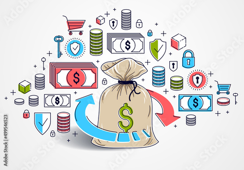 Money bag with loop arrow and icon set vector design, savings or investments concept, currency exchange, return on investment, insurance concept, marketplace or shop.
