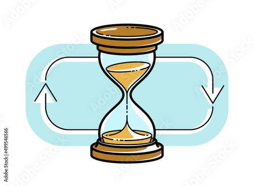 Hourglass sand watch with loop arrow vector illustration or icon isolated on white, deadline, infinite time concept.