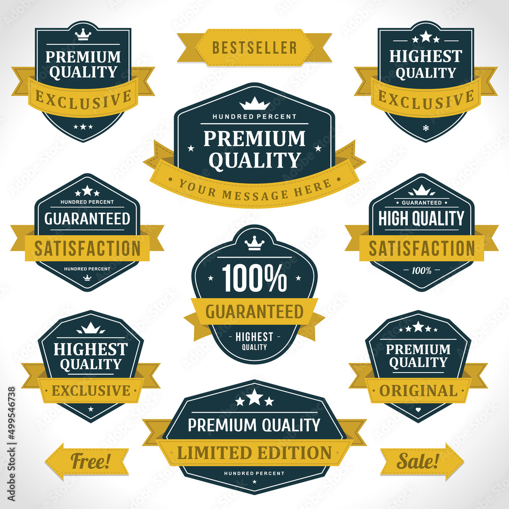 Collection luxury quality certificate best choice award customer satisfaction guarantee vintage label vector illustration. Set premium commercial marketing warranty insignia sale discount badge