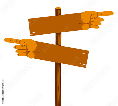 Road pointers direction signs in a shape of human hand with pointing finger vector illustration, choose right way crossroad, humorous cartoon isolated over white.