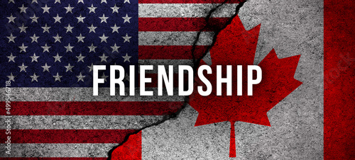 Banner USA and Canada flags background. Friendship text, political and economical cooperation concept photo