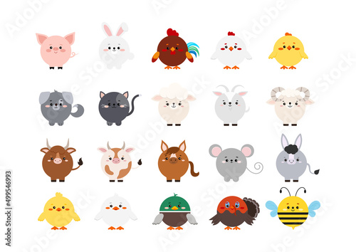 Circle farm animal cute faces with paw ui icon set. Cartoon asset round shape kawaii avatar kids character sticker collection. Vector flat animal head emoticon illustration for mobile game application
