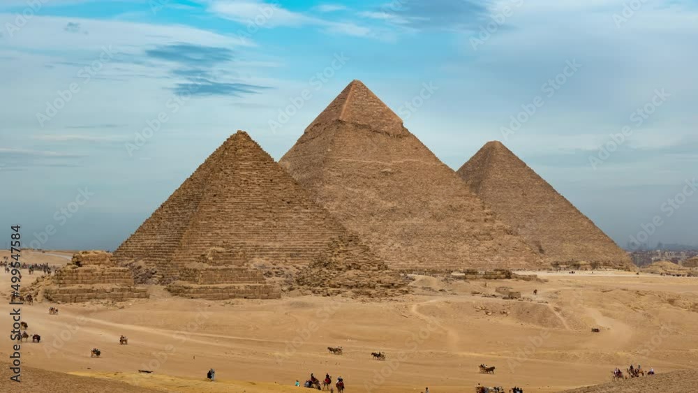 Daily life in Giza complex or necropolis with main pyramids (Great of Giza, of Khafre, of Menkaure), subsidiary ones, remains. Timelapse. Tourists see landmarks of ancient Egypt on horseback, camels Daily life in Giza complex or necropolis with main pyramids (Great of Giza, of Khafre, of Menkaure), subsidiary ones, remains. Timelapse. Tourists see landmarks of ancient Egypt on horseback, camels