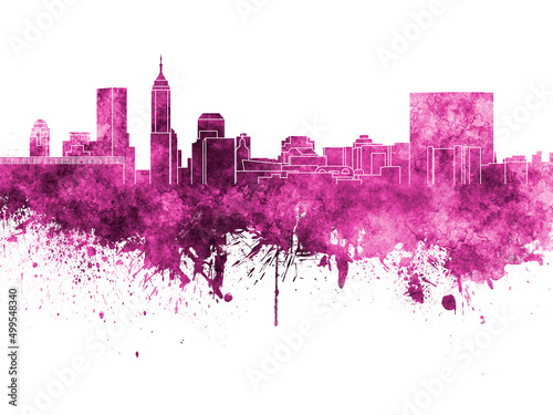 Indianapolis skyline in pink watercolor on white background