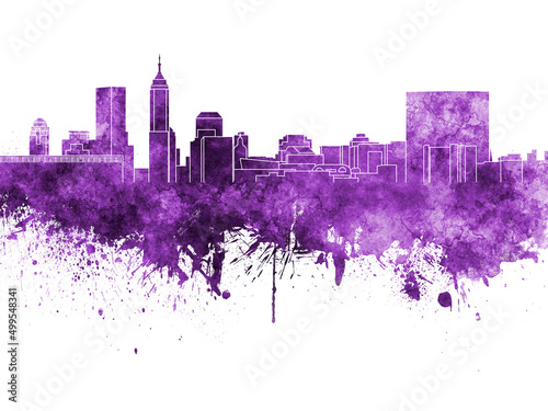 Indianapolis skyline in purple watercolor on white background