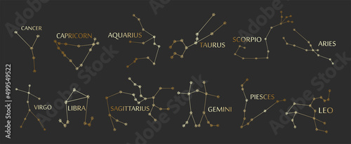 Zodiac constellations. Horoscope  line symbols on dark background.