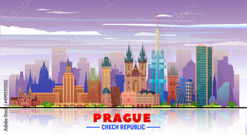 Prague ( Czech Republic ) skyline with panorama in sky background. Vector Illustration. Business travel and tourism concept with modern buildings. Image for banner or website.