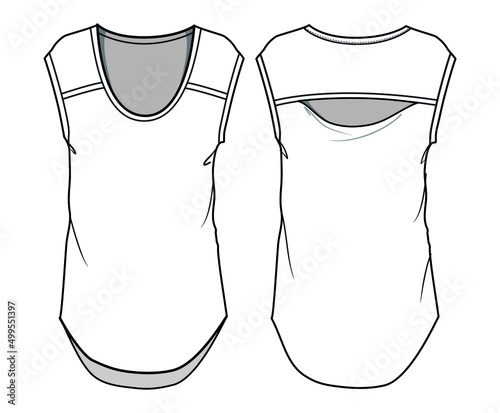 U-neck back long top with back yoke open Front and Back View. Fashion Illustration, Vector, CAD, Technical Drawing, Flat Drawing.