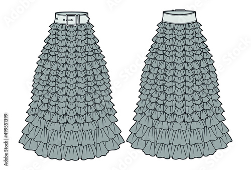 Frill Maxi Skirt, Ruffle Maxi Skirt, Frilled Bridal Party Long Skirt Front and Back View. Fashion Illustration, Vector, CAD, Technical Drawing, Flat Drawing.