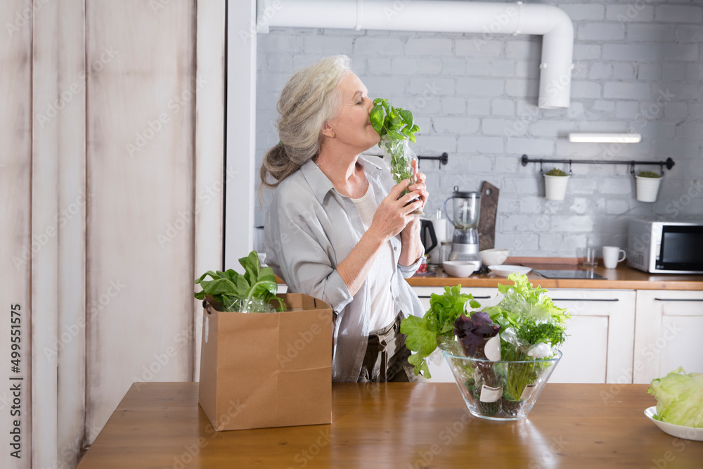 product delivery. healthy nutrition. elderly woman with a bag of green lettuce in the kitchen at home. Senior lifestyle product delivery. healthy nutrition. elderly woman with a bag of green lettuce in the kitchen at home. Senior lifestyle
