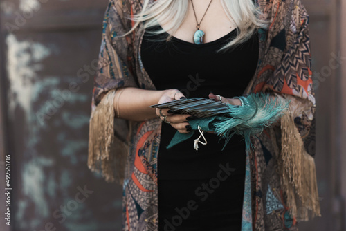 Boho lady in mystical atmosphere, esoteric concept, fortune telling and predictions 