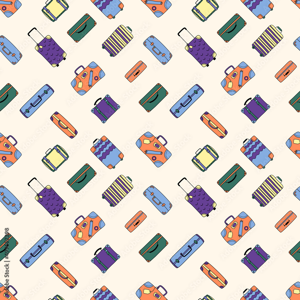 Seamless pattern with suitcases. Hand-drawn flat vector illustration. The concept of travel. Seamless pattern with suitcases. Hand-drawn flat vector illustration. The concept of travel.