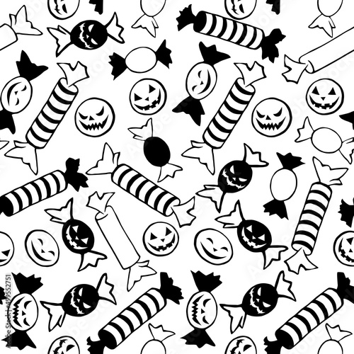 Vector seamless pattern of candy in different wrappers in Halloween style. Trick or treat. Black and white texture for holiday design, decoration, wrapping paper