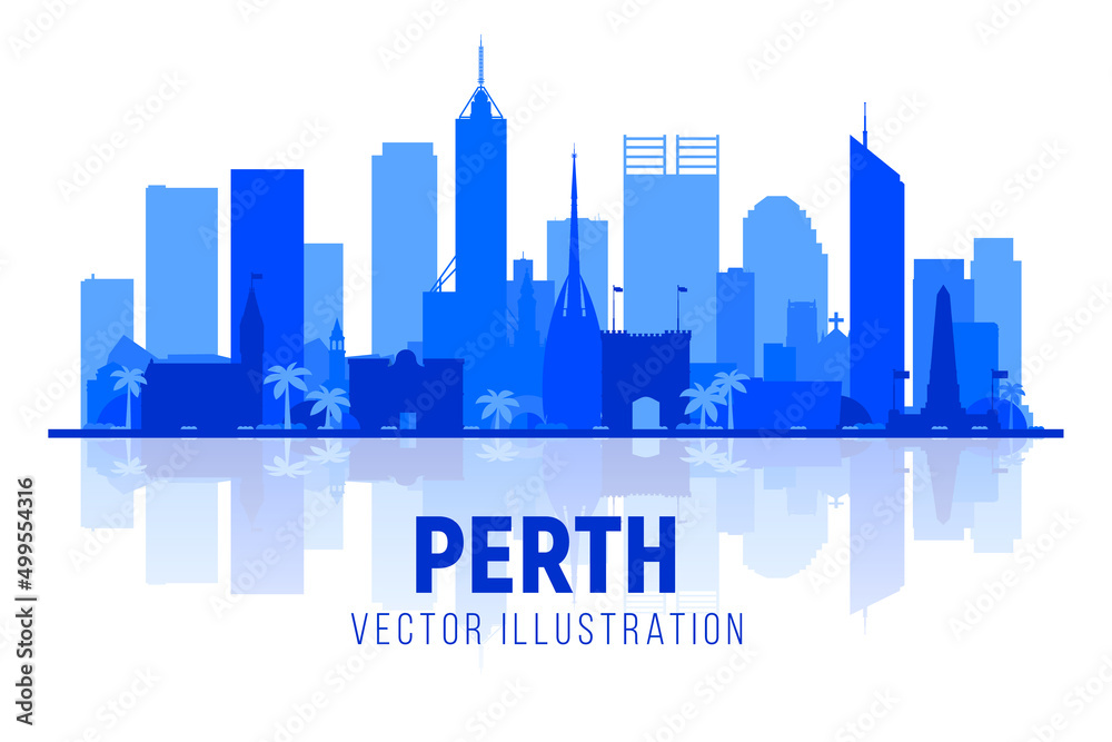 Naklejka premium Perth Australia silhouette skyline with panorama in white background. Vector Illustration. Business travel and tourism concept with modern buildings. Image for banner or web site.
