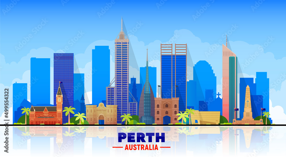 Perth Australia skyline with panorama on sky background. Vector Illustration. Business travel and tourism concept with modern buildings. Image for banner or web site