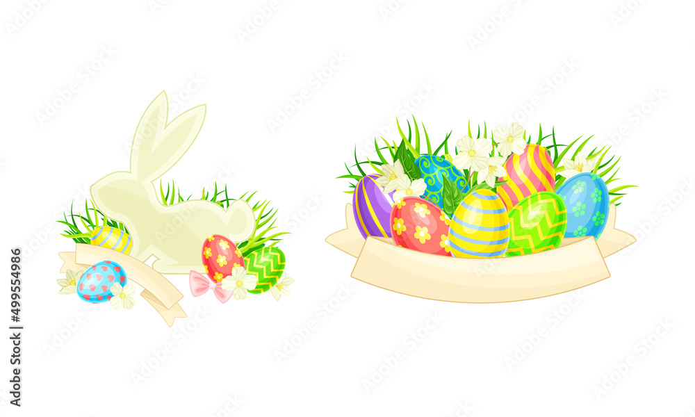 Easter bunny rabbit and wicker nest full of decorated colorful eggs cartoon vector illustration