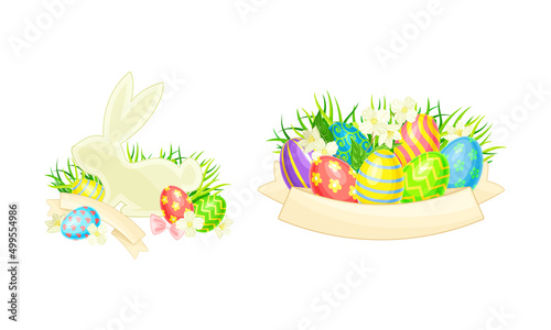Fototapeta Naklejka Na Ścianę i Meble -  Easter bunny rabbit and wicker nest full of decorated colorful eggs cartoon vector illustration