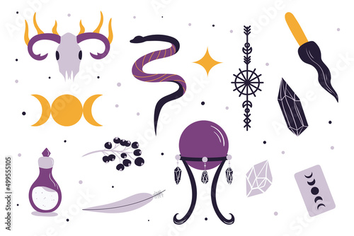 Set of witchcraft elements. Hand drawn collection in clean modern style. Wiccan themed illustrations, mysticism, spiritualism. Vol.2