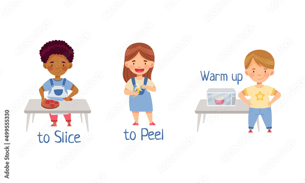 Cute little children cooking in the kitchen. Slice, peel, warm up action verbs for kids education cartoon vector illustration