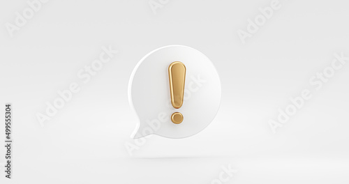 Gold notification icon message alert sign of notice reminder 3d warning symbol alarm or golden risk exclamation error mail button and danger information problem attention isolated on white background.