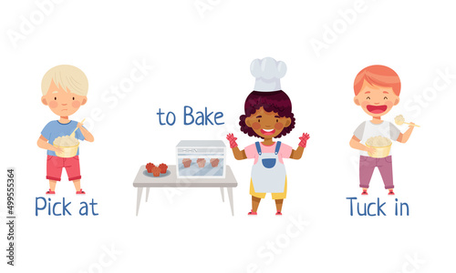 Fototapeta Naklejka Na Ścianę i Meble -  Cute little children cooking in the kitchen. Pick at, bake, tuck in action verbs for kids education cartoon vector illustration