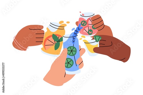 Friends hands cheering with summer cocktails, lemonades, celebrating holiday. Arms holding glass cups with healthy fruit drinks together. Flat graphic vector illustration isolated on white background