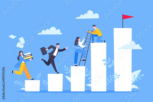Business mentor helps to improve career and holding stairs steps vector illustration. Mentorship, upskills, climb help and self development strategy flat style design business concept.