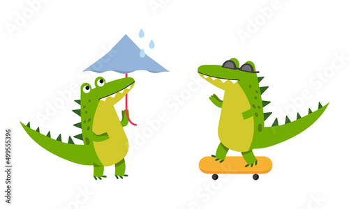 Funny friendly crocodile in everyday activities set. Cute green croc character skateboarding and walking with umbrella cartoon vector illustration