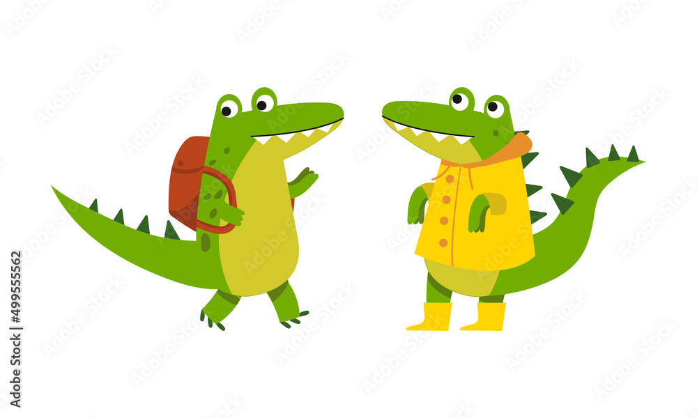 Fototapeta premium Funny friendly crocodile character in everyday activities set cartoon vector illustration