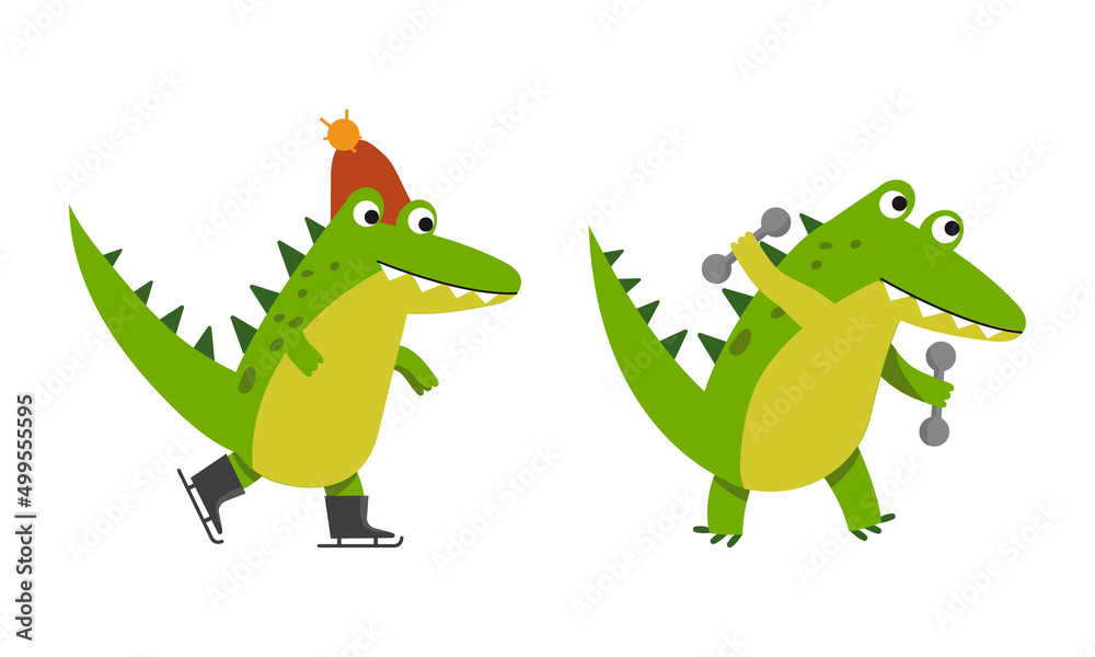 Fototapeta premium Funny friendly crocodile in everyday activities set. Cute green croc character skating and exercising with dumbbells cartoon vector illustration