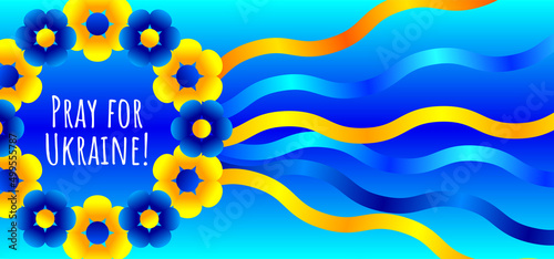 Vector political social anti-war poster about the problem in Ukraine. Pray for Ukraine. Ukrainian national wreath with ribbons.