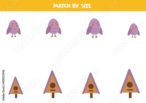 Matching game for preschool kids. Match birds and birdhouses by size.