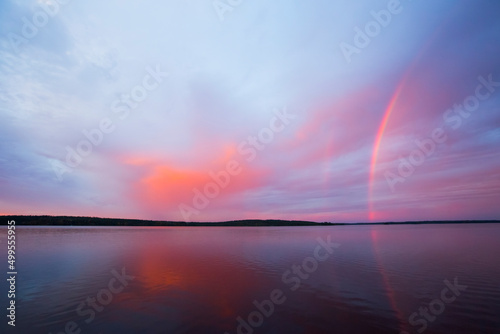 Autumn sunset and rainbow in Lapland  Finland