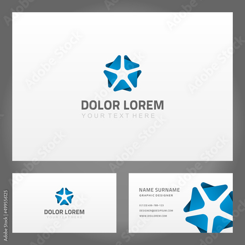 Set blue abstract origami flower triangle shape petals business card template design vector illustration. Collection elegant floral crystal ornament namecard corporate identity place for text mockup