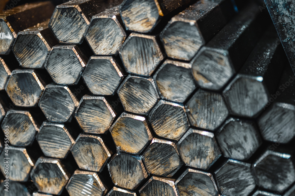 Bundle of hexagonal metal rods, hot rolled steel Bundle of hexagonal metal rods, hot rolled steel