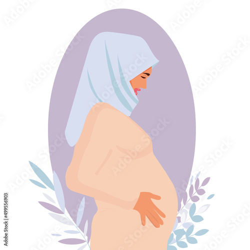 Gentle image of a pregnant Muslim woman. Pregnancy and motherhood. Vector illustration in a flat style.