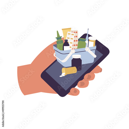 Vector Illustrations concept buying the pills online with the smartphone. Ordering medicines.