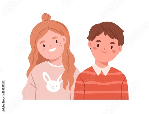 Children couple, face portrait. Happy smiling girl and boy. School kids, sister and brother. Two friendly elementary students, classmates. Flat vector illustration isolated on white background